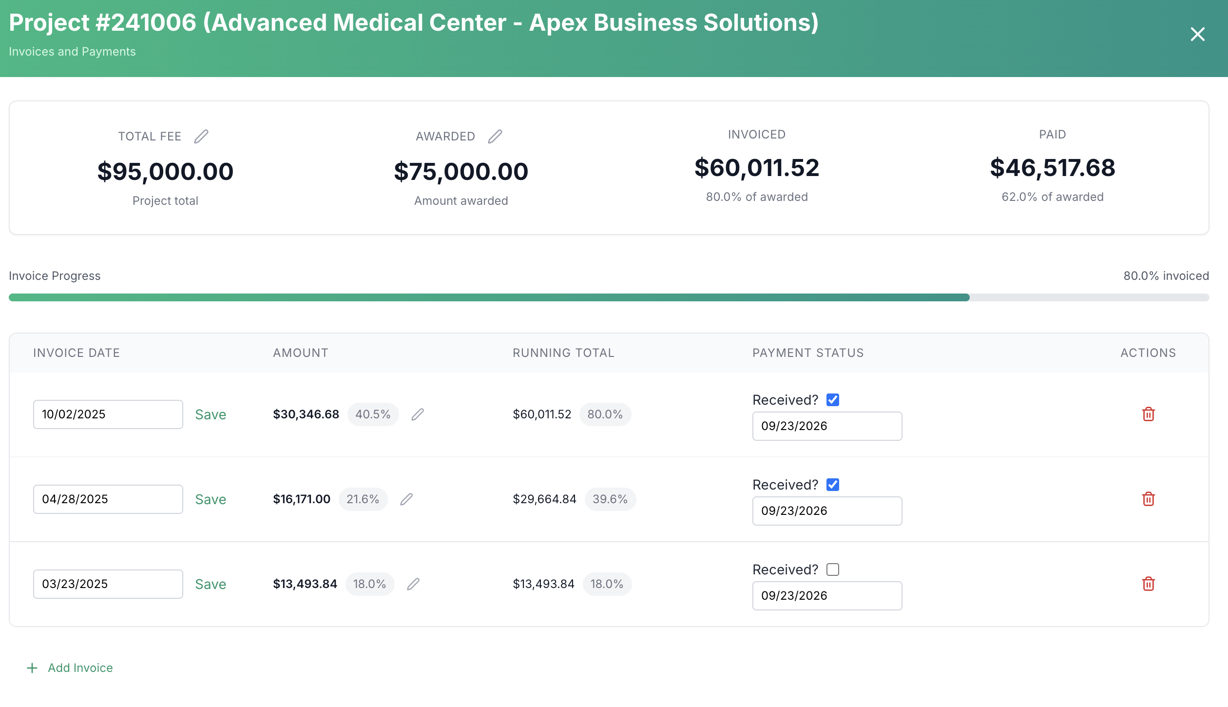 Invoices and payments for a single project